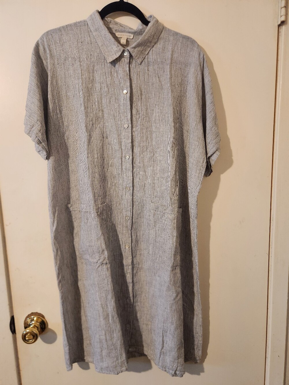 Eileen Fisher Gray Stripes Short Sleeve Button-front Pockets Linen Shirt Dress